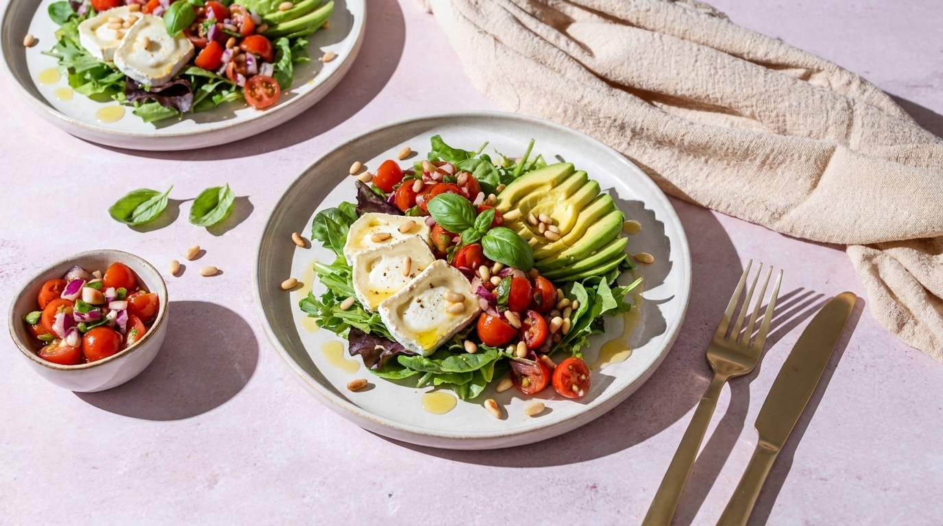 Teller mit frischem Salat aus Rucola und Blattsalaten, halbierten Kirschtomaten, Avocadoscheiben, warmem Ziegenkäse, Basilikum und Pinienkernen; daneben kleine Schale mit Tomatensalsa und Besteck.