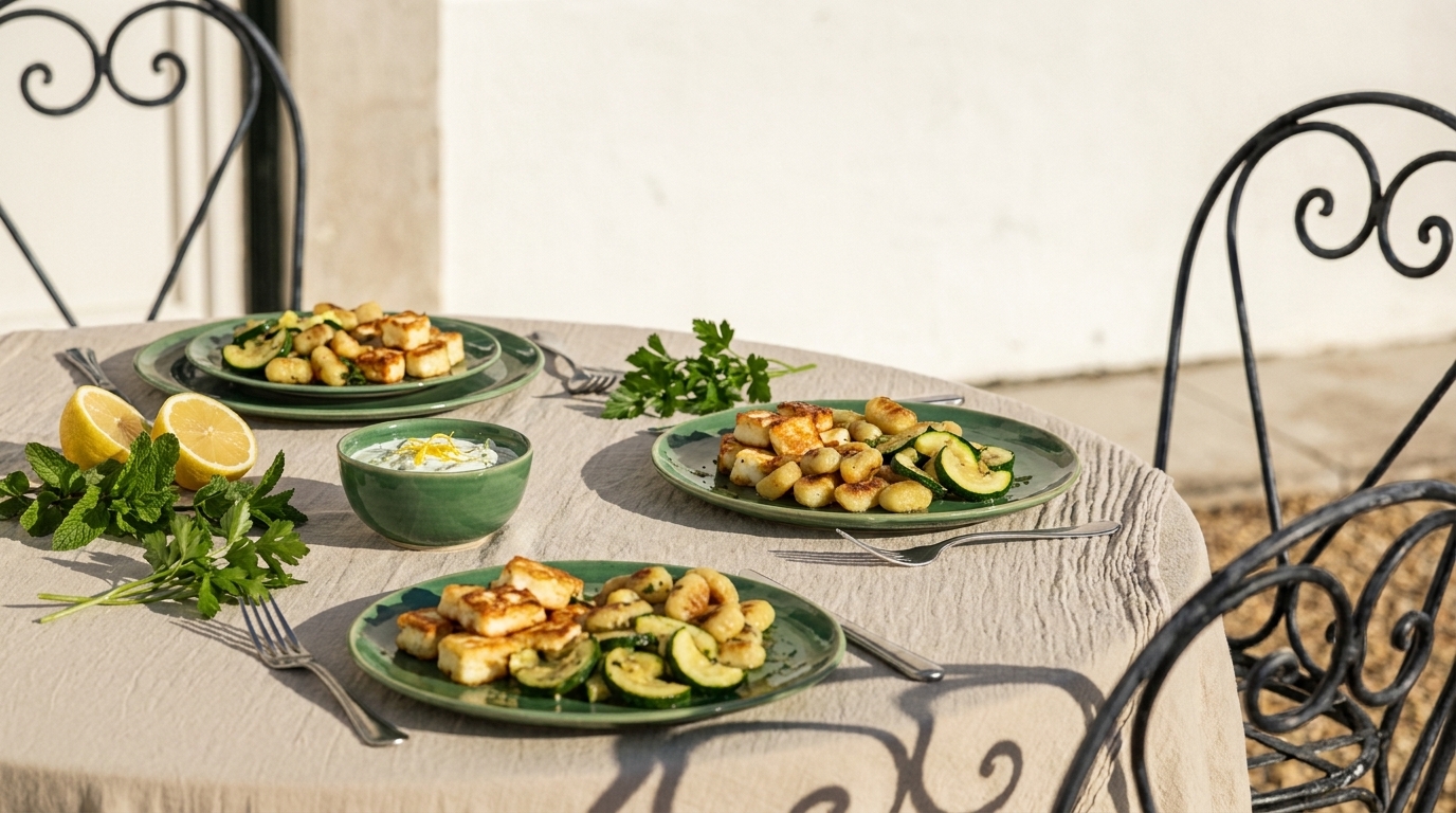 Drei grüne Teller auf einem gedeckten Gartentisch mit gegrilltem Käse, gebratenen Kartoffelstücken, Zucchinischeiben, Zitronenhälften und Petersiliengarnitur; dazu eine kleine Schale mit Dip.