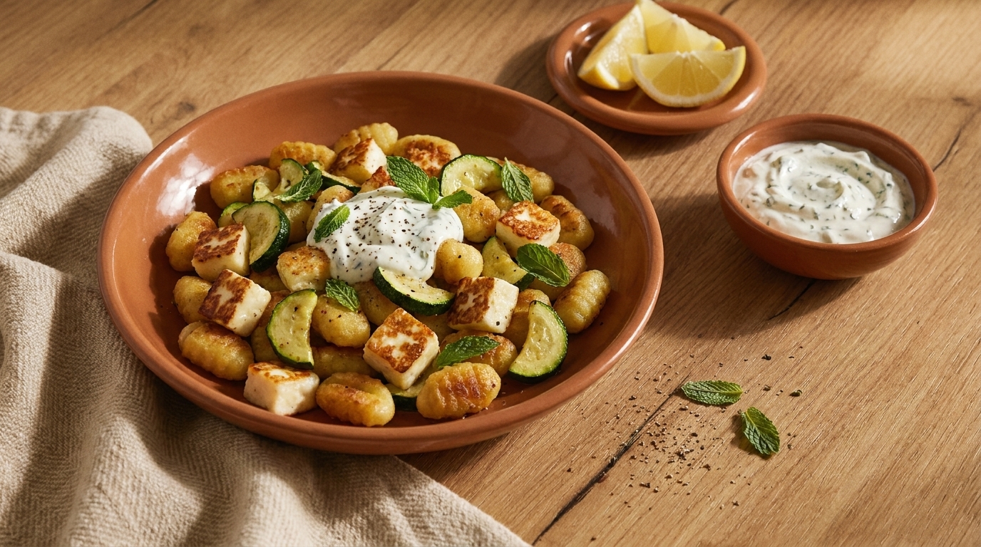 Schale mit goldbraun gebratenen Gnocchi, gegrilltem Halloumi, Zucchinischeiben und frischer Minze, garniert mit einem Klecks Kräuterjoghurt; daneben Zitronenspalten und eine Schale mit zusätzlichem Kräuter-Dip.