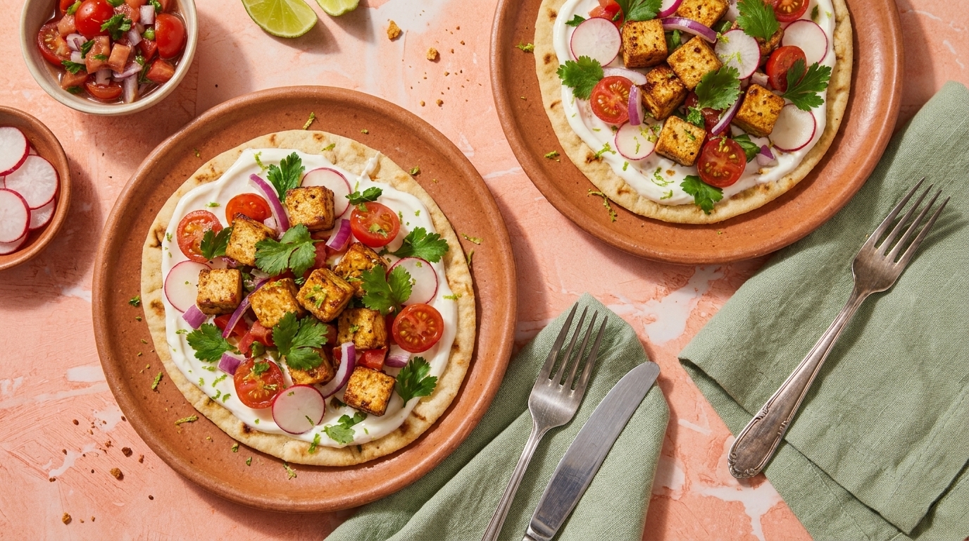 Zwei Teller mit Fladenbrot, bestrichen mit Joghurtcreme, belegt mit gegrilltem Tofu, halbierten Kirschtomaten, dünnen Radieschenscheiben und frischem Koriander.