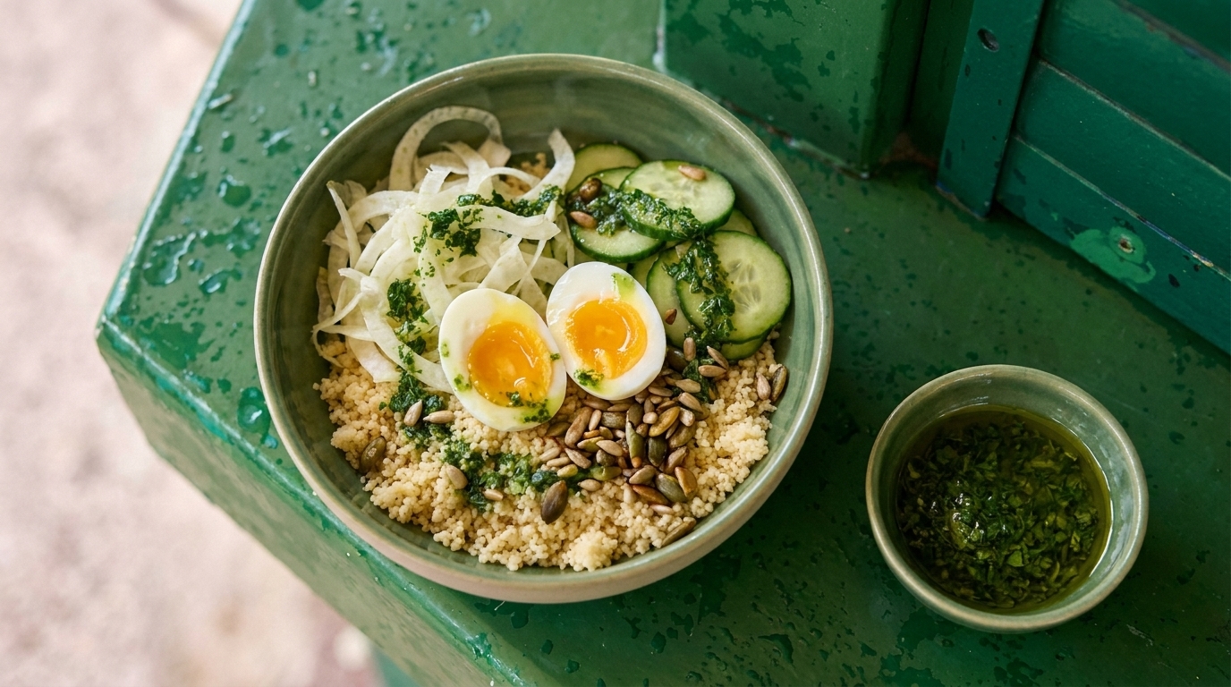 Schüssel mit Couscous, zwei halbierten weich gekochten Eiern, Gurkenscheiben, dünn geschnittenem Fenchel, gerösteten Samen und Kräuter-Pesto.