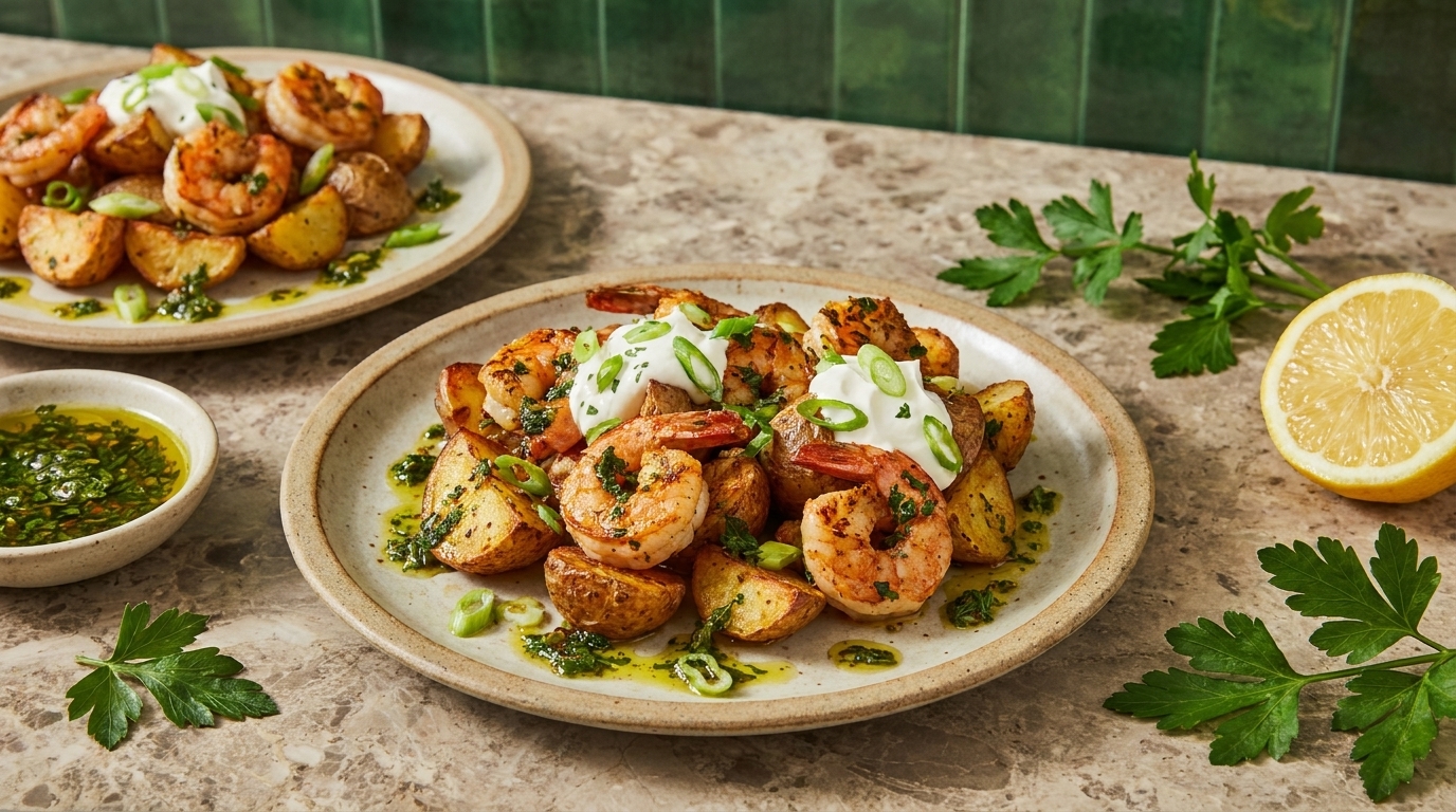 Zwei Teller mit gebratenen Garnelen und knusprigen Bratkartoffeln, beträufelt mit Kräuteröl, garniert mit einem Klecks Joghurtcreme, Frühlingszwiebeln und Petersilie; Zitronenhälfte daneben.