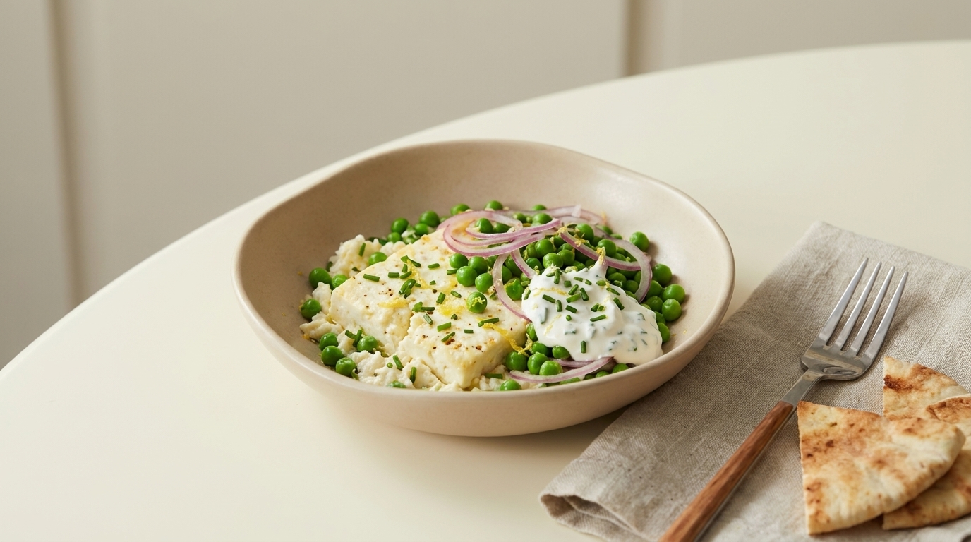 Schale mit Reis, grünen Erbsen, gehackten Kräutern, roten Zwiebelringen und einem Klecks Joghurt.