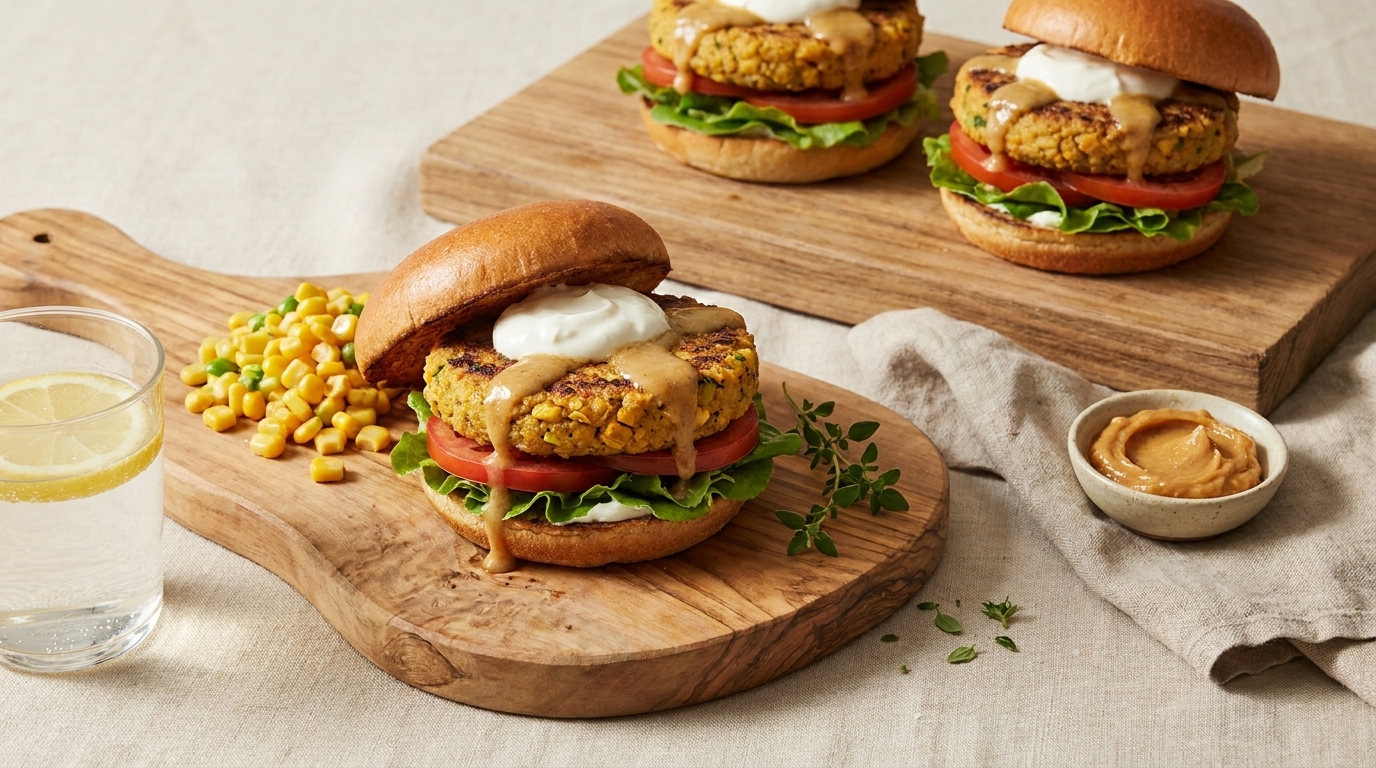 Drei vegetarische Burger mit goldbraunen Mais‑Gemüse‑Patties, Tomatenscheiben, Salat und cremiger Sauce auf Brötchen, arrangiert auf Holzbrett.