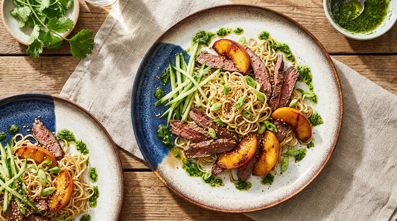 Teller mit asiatisch angehauchten Nudeln, Streifen von Rindfleisch, gebratenen Pfirsichen, dünnen Gurkenstreifen und grünem Kräuter‑Pesto, bestreut mit Sesam.