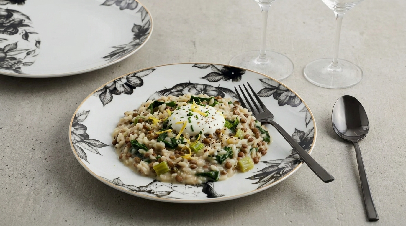 Cremiges Risotto mit grünen Gemüsestücken, in der Mitte ein pochiertes Ei, leicht mit Kräutern und schwarzem Pfeffer bestreut.