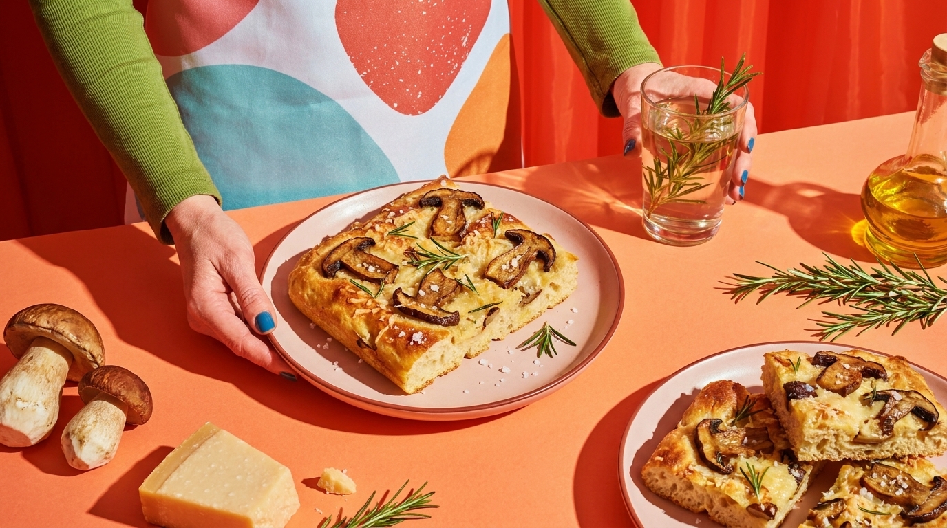 Hände halten einen goldbraunen, rechteckigen Focaccia-Fladen, belegt mit gebratenen Champignons und Rosmarin, in Stücke geschnitten.