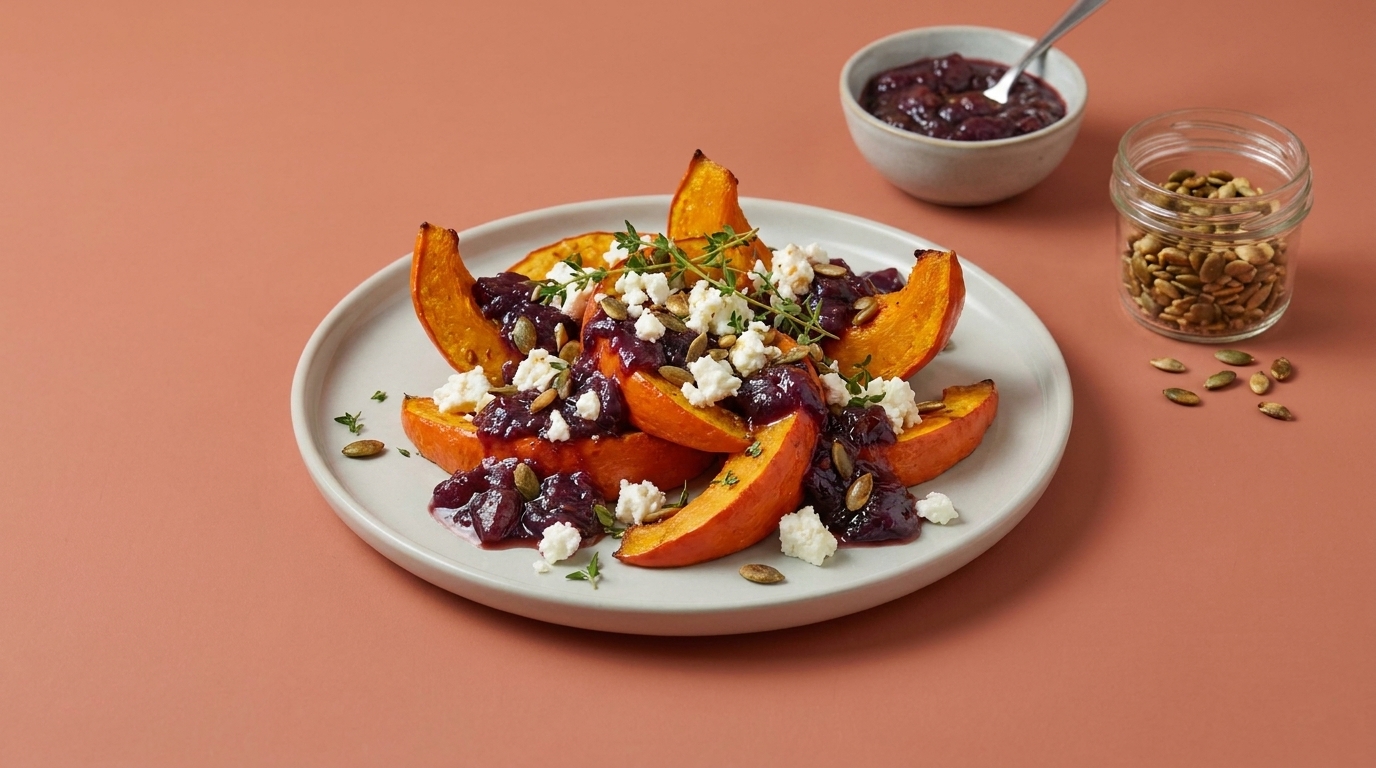 Teller mit gerösteten Kürbisspalten, garniert mit dunklem Beerenchutney, zerbröseltem Feta und frischen Kräutern.