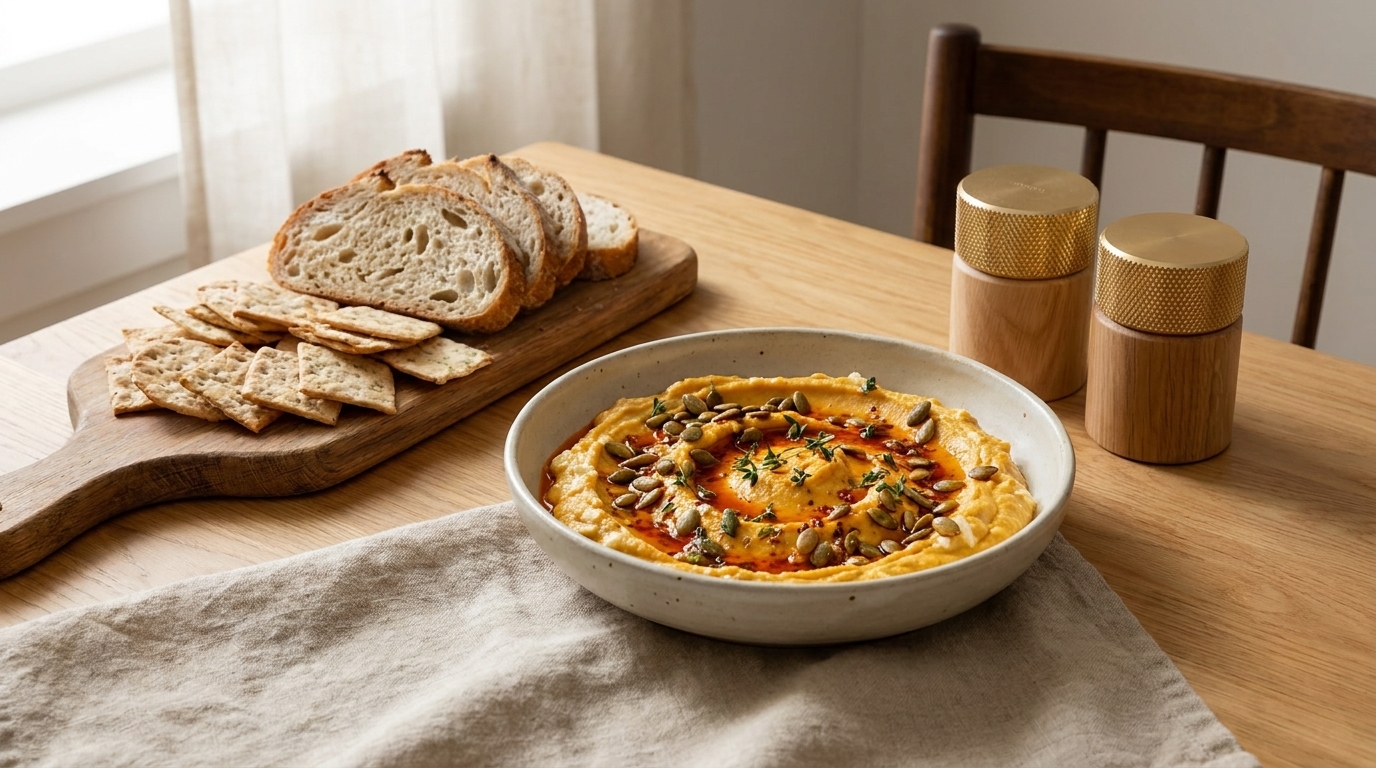 Schale mit cremigem Hummus, garniert mit Olivenöl, Paprikapulver, Kräutern und Samen; daneben auf einem Holzbrett mehrere Scheiben Bauernbrot und Cracker auf einem Holztisch.