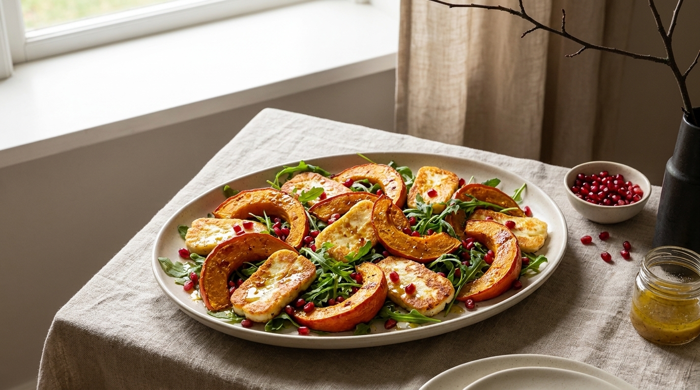 Große Platte mit gerösteten Kürbisspalten und gegrilltem Halloumi auf Rucola, garniert mit Granatapfelkernen.