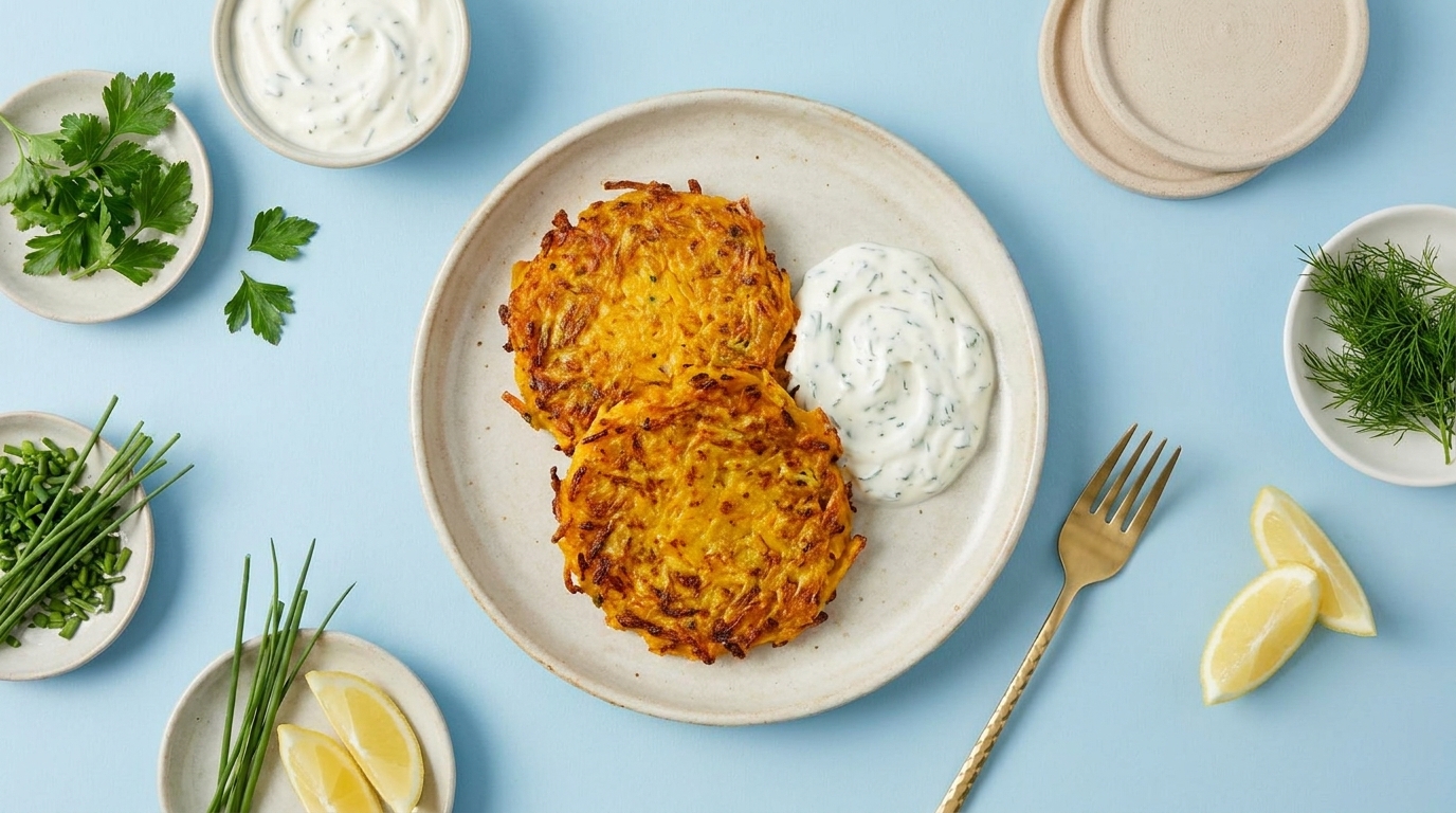 Zwei goldbraun gebratene Kartoffelpuffer auf einem Teller, daneben ein Klecks Kräuter-Joghurt-Dip, Zitronenspalten und frische Kräuter.