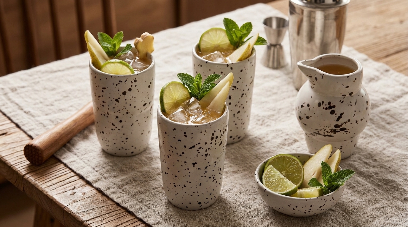 Drei gesprenkelte Keramikgläser mit Eis, Limetten- und Apfelscheiben sowie frischer Minze als Cocktailgarnitur auf rustikalem Tisch; daneben eine kleine Schale mit Limette und ein Kännchen.