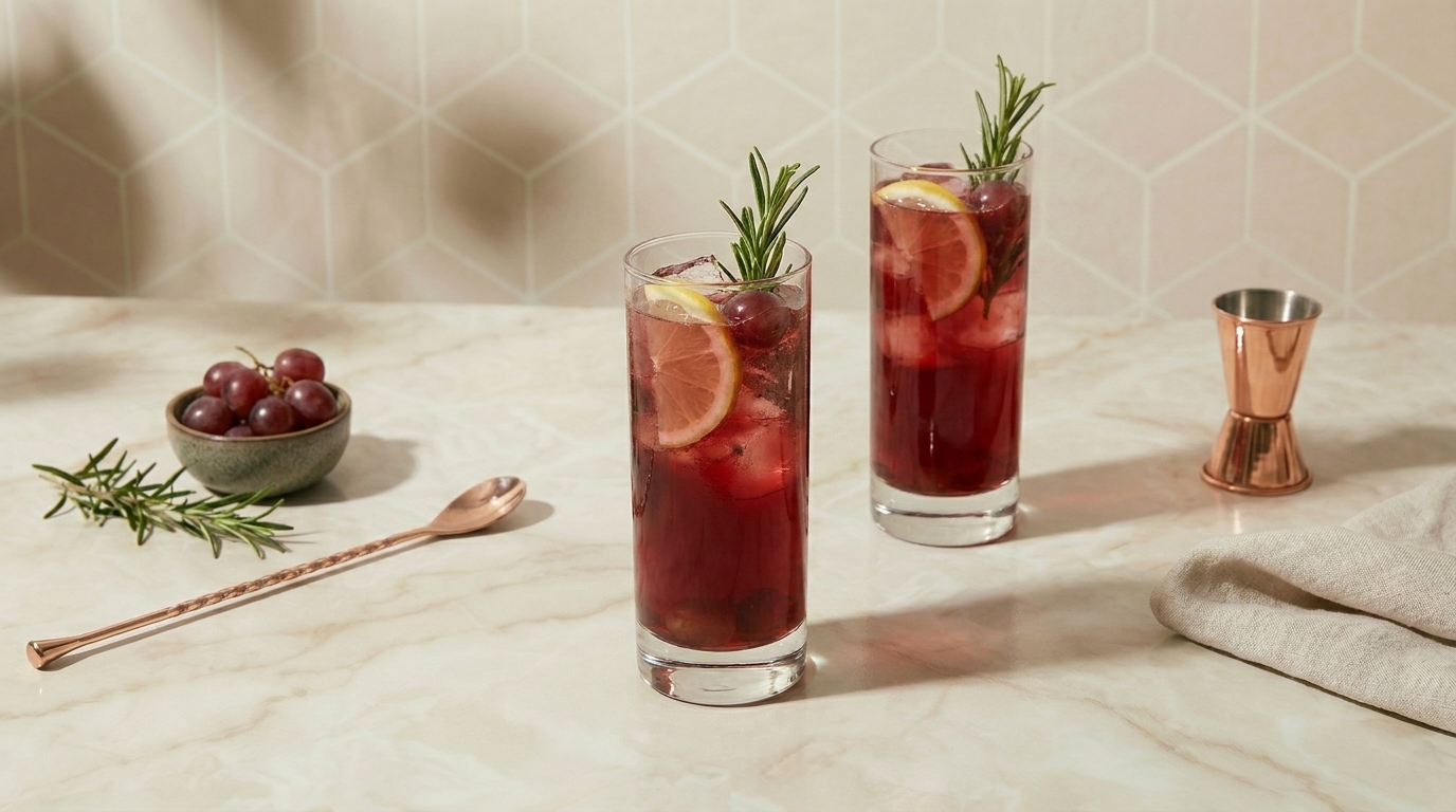 Zwei hohe Gläser mit dunkelrotem Cocktail und Eis, jeweils mit Zitronenscheibe und Rosmarinzweig garniert, auf hellem Marmortisch.