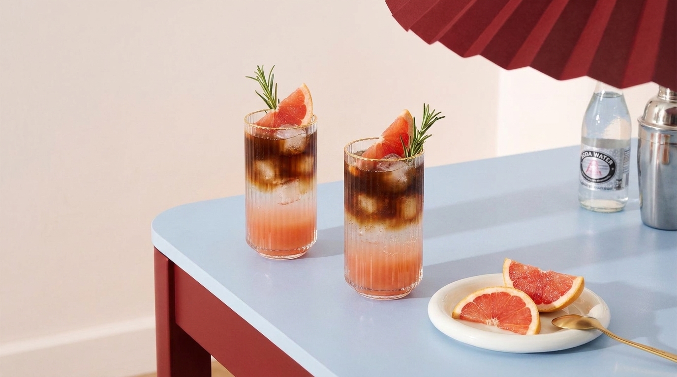 Zwei hohe Schichtcocktails mit rosa Unterseite und dunkler Oberseite, jeweils garniert mit Grapefruitscheibe und Rosmarinzweig, auf einem hellblauen Tisch neben einem kleinen Teller mit Grapefruitscheiben.