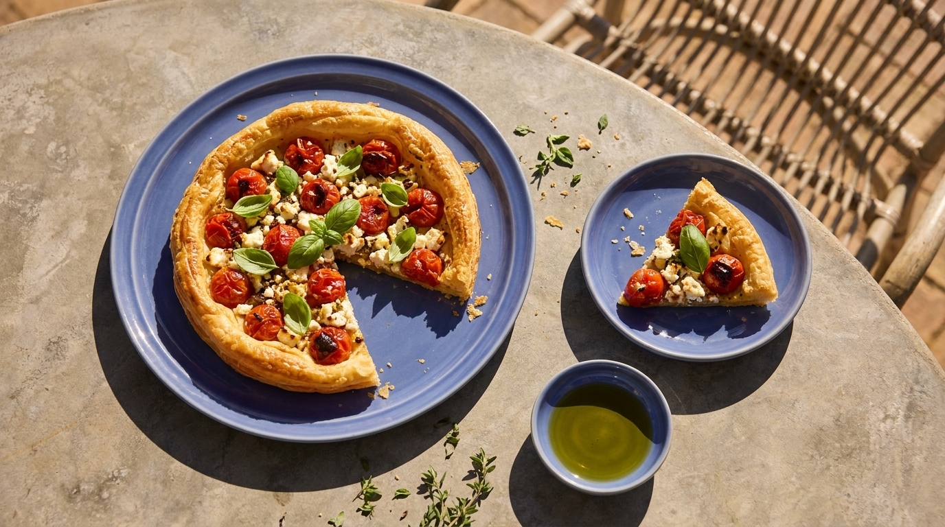 Blätterteigtarte mit gerösteten Kirschtomaten, Feta und Basilikum auf blauem Teller; ein Stück auf kleinem Teller daneben und eine Schale Olivenöl, auf hellem Tisch serviert.