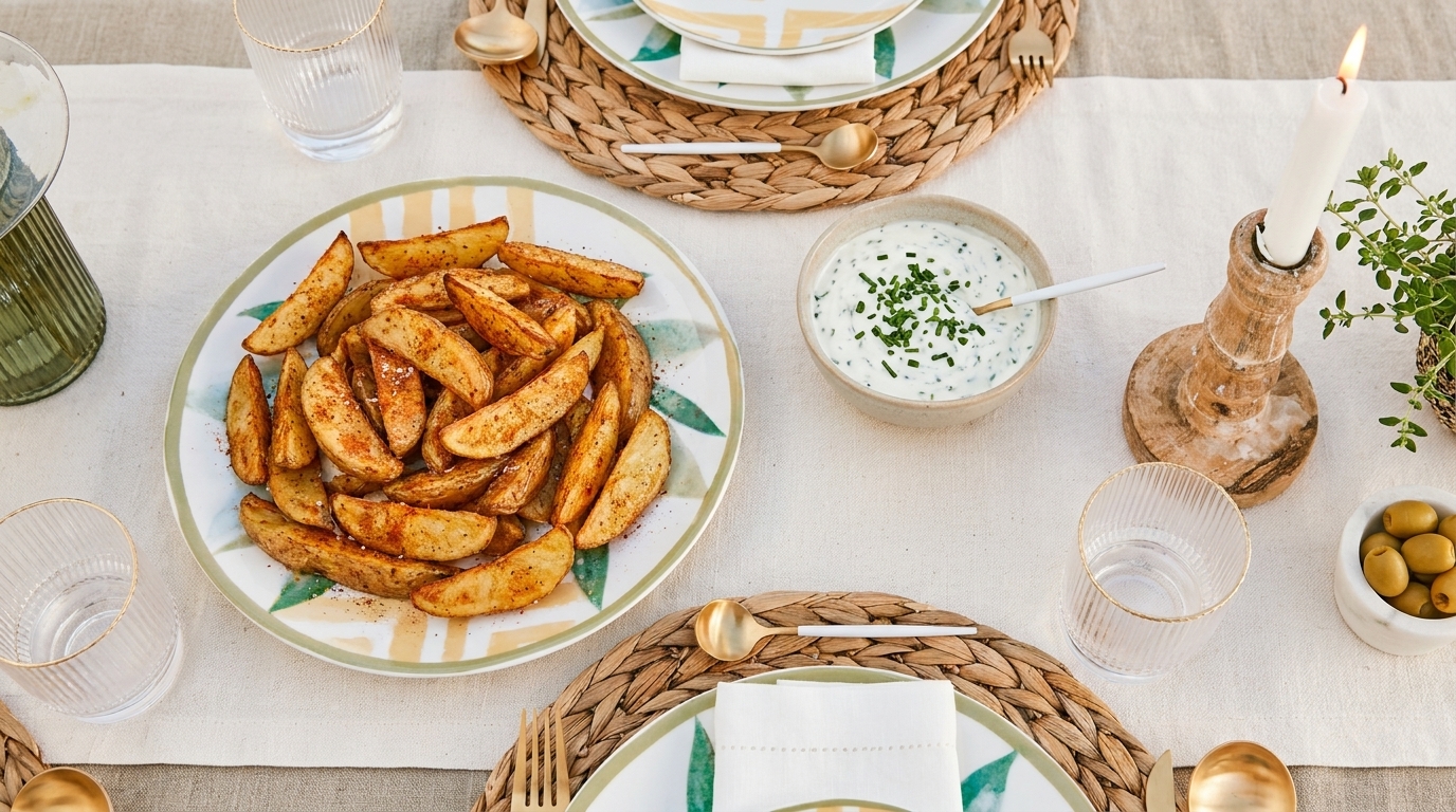 Teller mit würzigen Kartoffelspalten und Schälchen mit Kräuter-Dip auf gedecktem Esstisch, umgeben von Tellern, Gläsern, Besteck und einer brennenden Kerze.