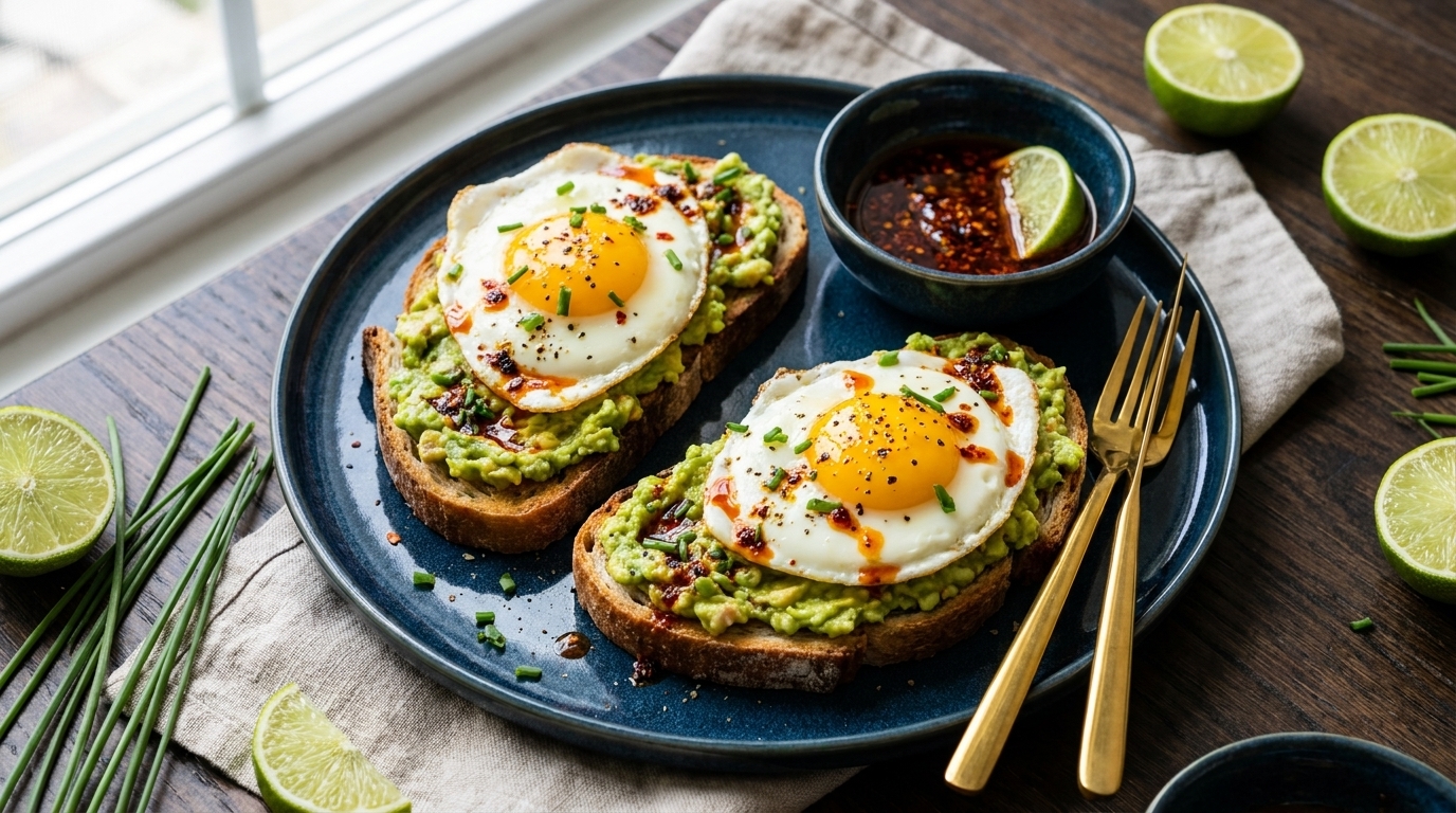 Zwei Scheiben Avocado-Toast mit Spiegelei, Chiliflocken und Schnittlauch auf einem Teller, dazu eine Schale Dip und Limettenhälften.