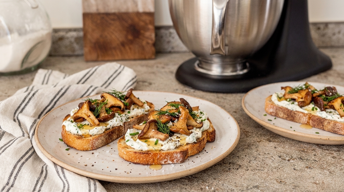 Zwei Teller mit gerösteten Brotscheiben, bestrichen mit Kräuterfrischkäse und belegt mit gebratenen Pfifferlingen und gehackten Kräutern.