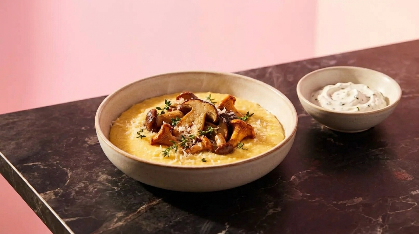 Schale cremiger Polenta mit gebratenen Pfifferlingen, Thymian und geriebenem Käse; daneben kleine Schale Kräuterquark.