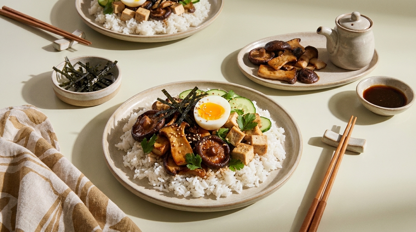 Teller mit weißem Reis, darüber gebratene Shiitake-Pilze, gewürfelter Tofu, halbiertes weich gekochtes Ei, Gurkenscheiben, Nori-Streifen und Sesam; daneben kleine Schale Sojasauce und Essstäbchen — asiatisch inspiriertes Reisgericht.