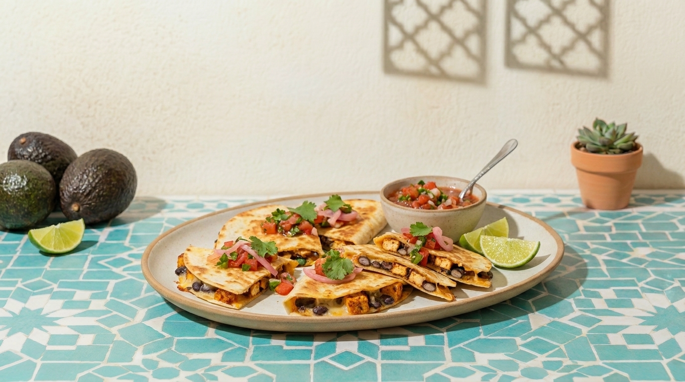 Teller mit gefüllten Quesadillas (Bohnen, Gemüse), garniert mit Koriander und eingelegten Zwiebeln, serviert mit Salsa-Schüssel und Limetten auf türkis gemustertem Tisch.