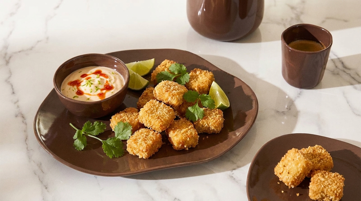 Braune Servierplatte mit mehreren goldbraunen, knusprigen Kroketten, Limettenspalten, Korianderblättern und einem kleinen Schälchen mit cremigem Dip.