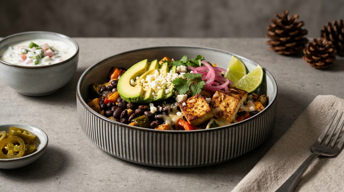 Bunte vegetarische Schüssel mit Reis, schwarzen Bohnen, geröstetem Gemüse und gebratenem Tofu, garniert mit Avocadoscheiben, Koriander, eingelegten roten Zwiebeln, Feta und Limettenspalte; nebenan kleiner Dip und Jalapeños.