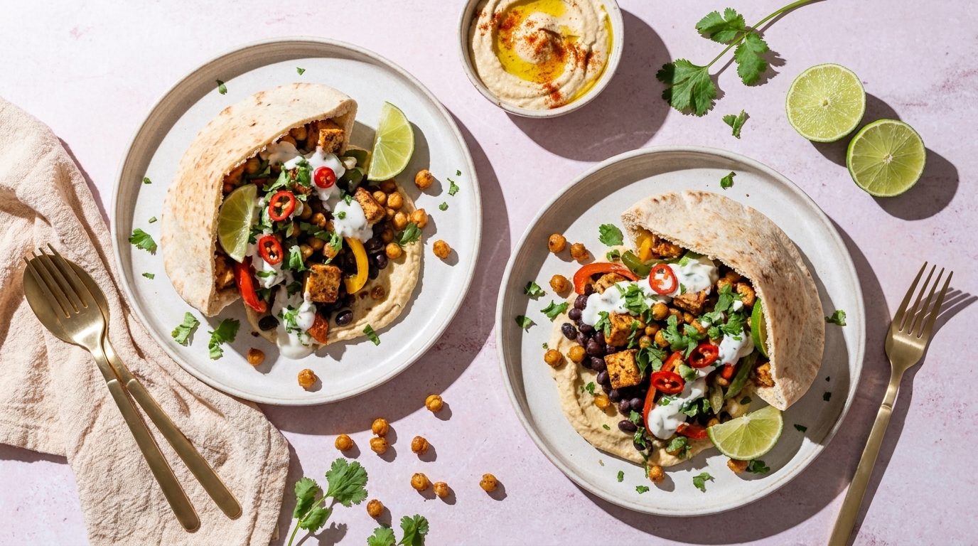 Zwei gefüllte Fladenbrote auf Tellern: geröstete Kichererbsen, gegrilltes Gemüse, Joghurtsauce, frische Kräuter und Limettenviertel, garniert mit Chilischeiben.