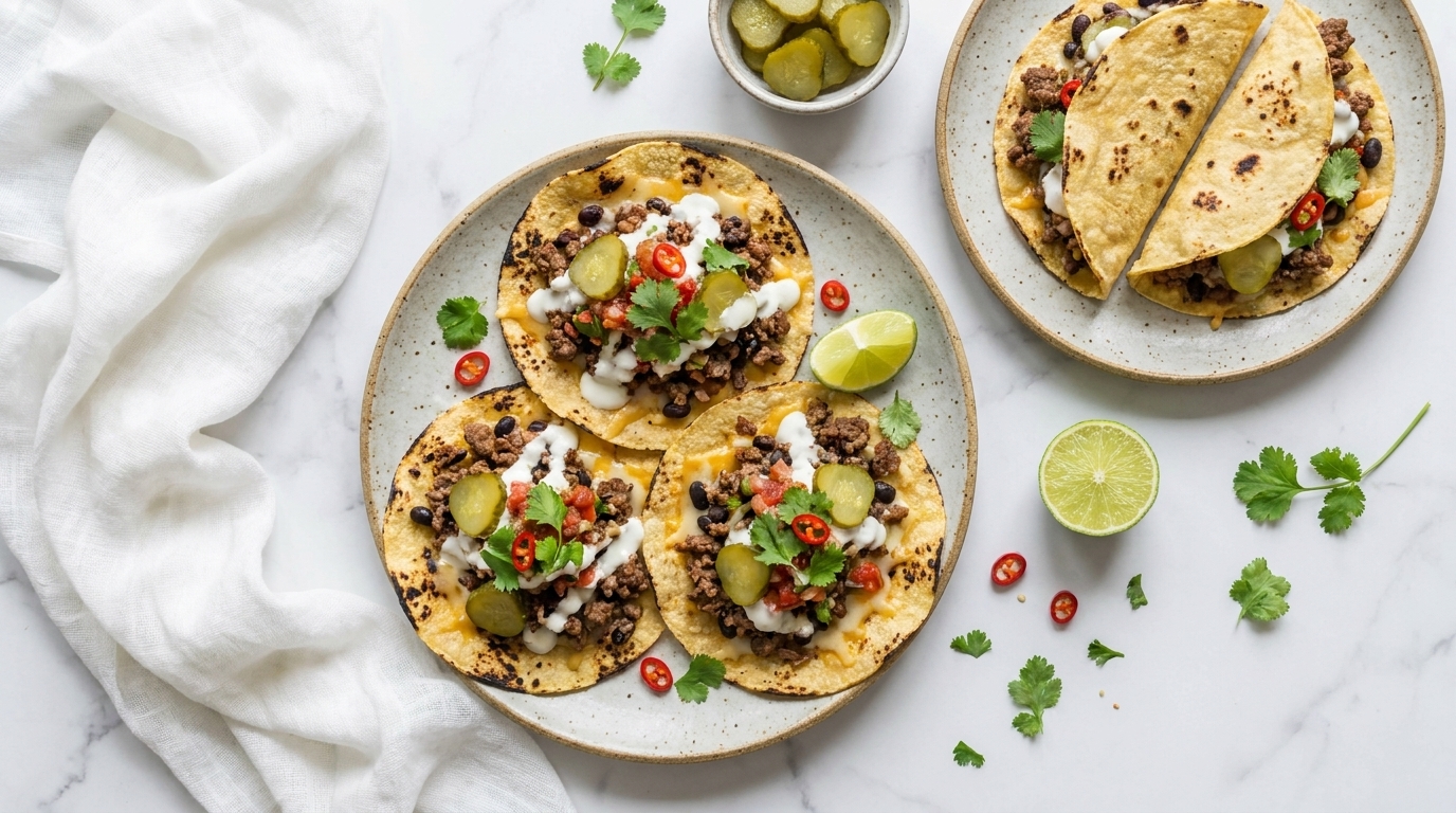 Drei offene Maistortillas auf einem Teller, gefüllt mit schwarzen Bohnen, Reis, gehackten Tomaten, Koriander, eingelegten Gurkenscheiben, scharfen Chiliringeln und weißer Sauce; daneben ein gefaltetes Taco und Limettenscheiben.