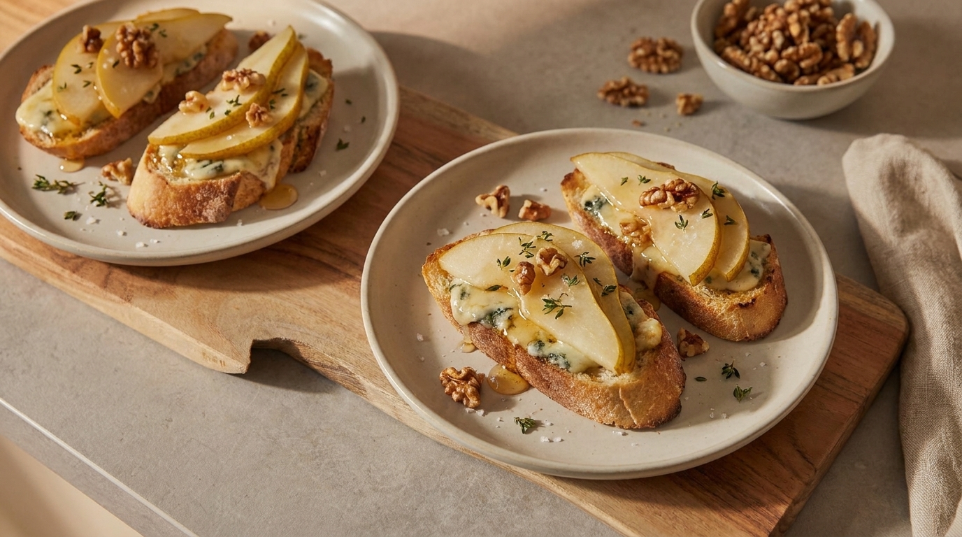 Drei bis vier geröstete Brotscheiben mit geschmolzenem Käse, dünnen Birnenscheiben, gehackten Walnüssen und frischem Thymian auf Tellern auf einem Holzbrett.