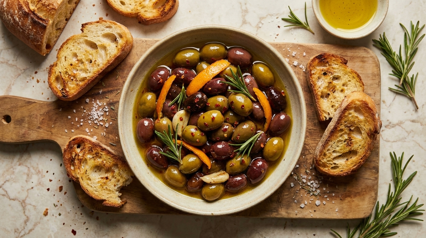 Schale mit marinierten grünen und schwarzen Oliven, Rosmarin und Orangenscheiben auf einem Holzbrett, umgeben von gerösteten Brotscheiben und Olivenöl.