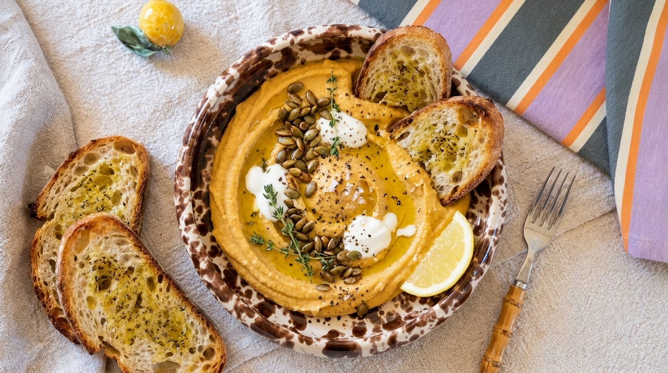Schale mit cremigem orangefarbenem Dip, garniert mit Joghurt, Kürbiskernen, Kräutern, Olivenöl und Pfeffer; dazu geröstete Brotscheiben und eine Zitronenscheibe.