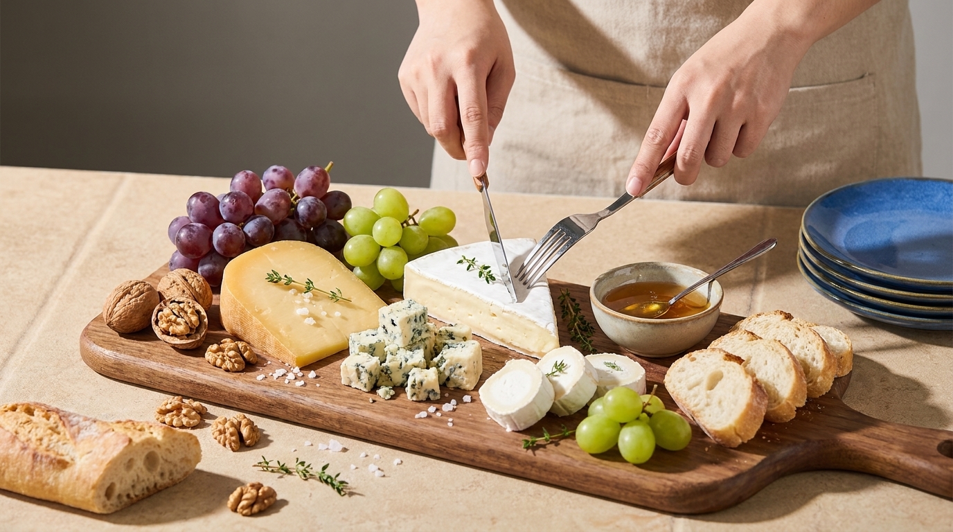 Hände schneiden weichen Käse auf einem Holzbrett mit verschiedenen Käsesorten (Brie, Blauschimmel, Ziegenkäse), Trauben, Walnüssen, Baguette und Honig.
