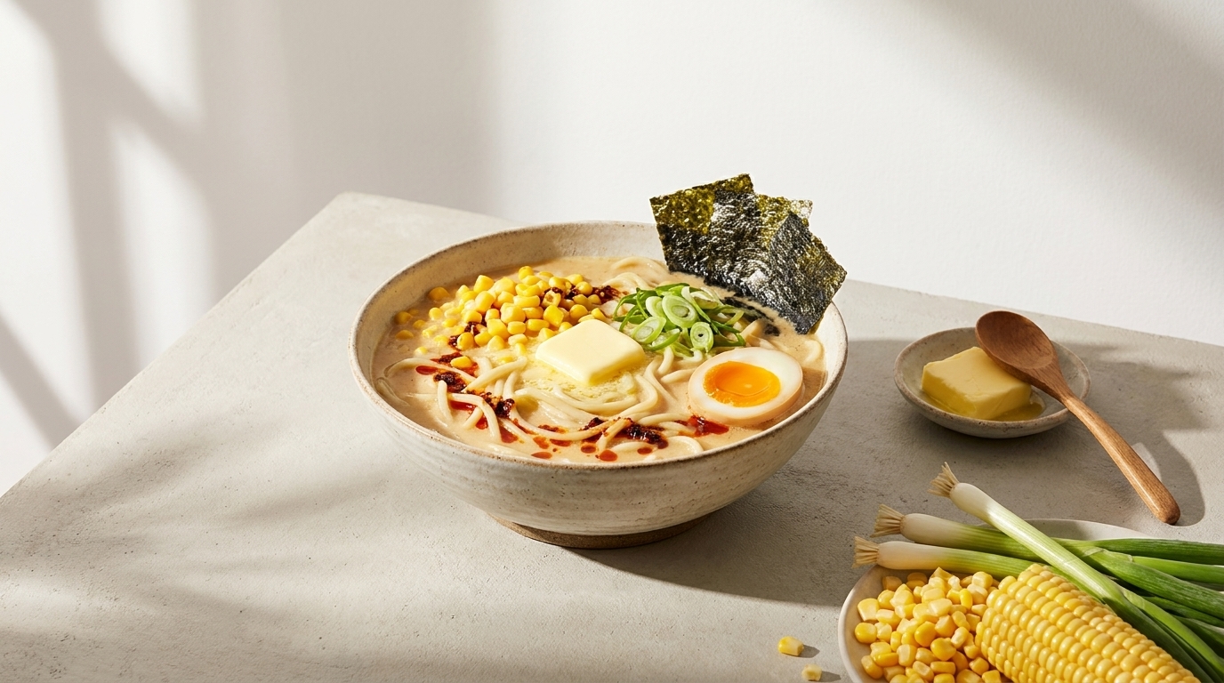 Schale mit cremiger Ramen-Nudelsuppe, belegt mit Mais, einer schmelzenden Butterportion, halbiertem weichgekochtem Ei, Frühlingszwiebeln und Nori-Algen; daneben ein Löffel Butter und frische Maiskolben.