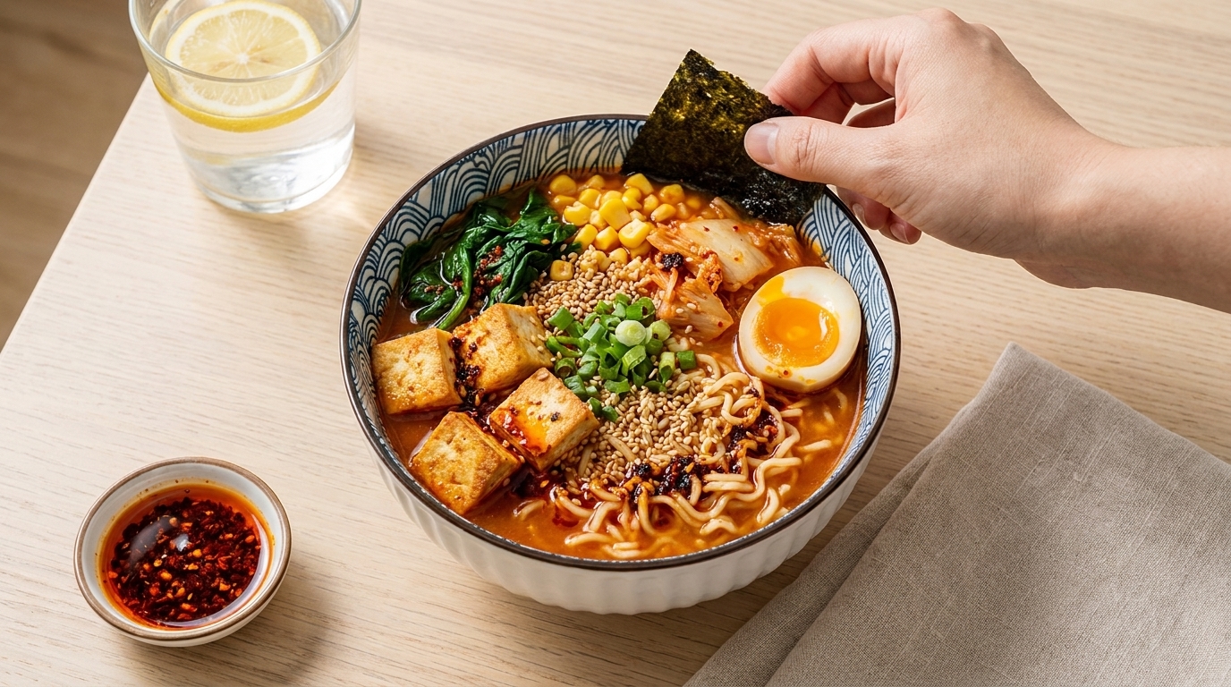 Schüssel würziger Ramen mit Brühe und Nudeln, halbiertem weichgekochtem Ei, gebratenen Tofuwürfeln, Mais, Blattspinat, Frühlingszwiebeln und Sesamsamen; eine Hand hält ein Nori-Algenblatt über der Suppe.