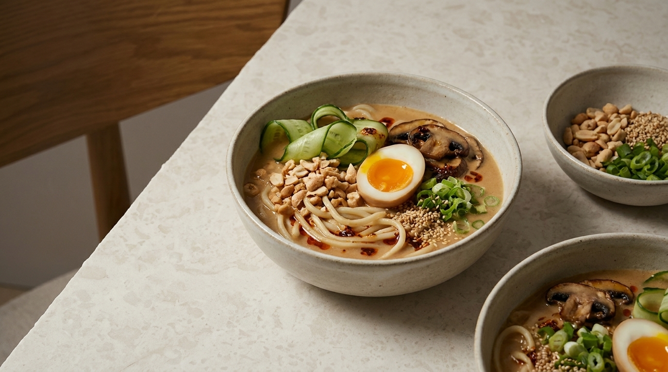 Schale Ramen mit Brühe, dicken Nudeln, halbiertem weich gekochtem Ei mit flüssigem Eigelb, Pilzen, Gurkenbändern, Frühlingszwiebeln, gehackten Erdnüssen und Sesam.