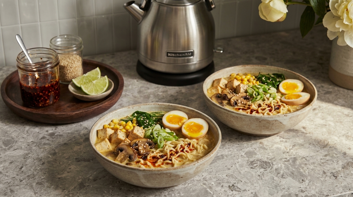 Zwei Schalen Ramen mit Brühe, Nudeln, halbierten weichgekochten Eiern, Tofu, Mais, Pilzen, Blattgemüse, Frühlingszwiebeln und Sesam.