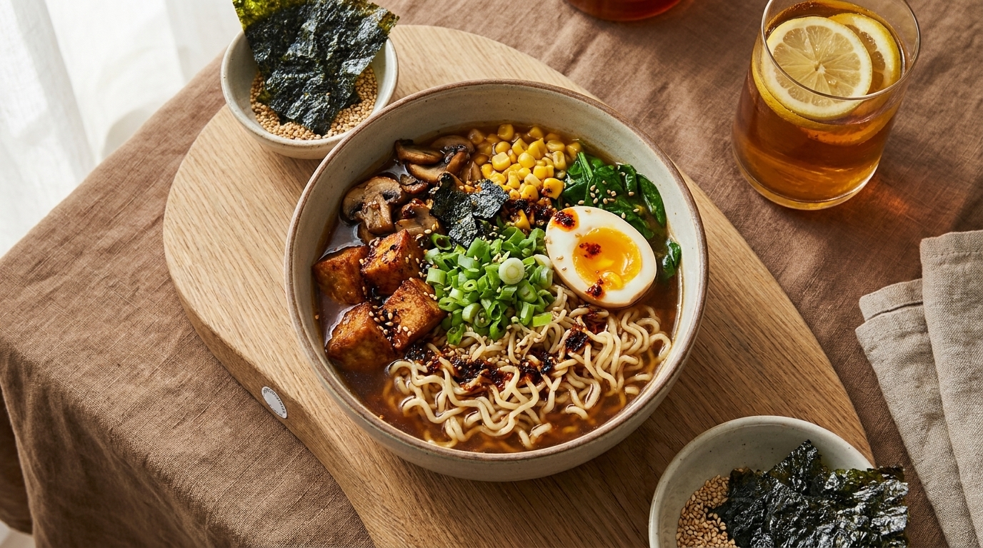 Schüssel Ramen mit Brühe und Nudeln, garniert mit halbiertem weichgekochtem Ei, mariniertem Tofu, Mais, Pilzen, Spinat, Frühlingszwiebeln und Nori-Algen.
