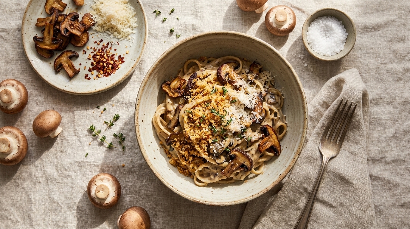 Schüssel mit Bandnudeln in cremiger Pilzsoße, garniert mit gebratenen Champignons, geriebenem Parmesan und frischen Kräutern; daneben ein Teller mit zusätzlichen Champignons.