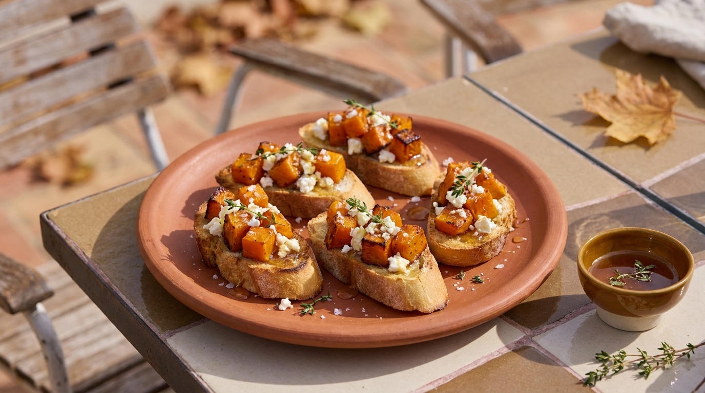 Mehrere Crostini: geröstete Kürbiswürfel auf knusprigem Baguette, bestreut mit zerbröseltem Käse und Kräutern, leicht mit Honig oder Balsamico beträufelt.