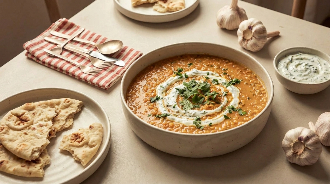Schüssel cremige Linsensuppe mit Joghurtwirbel und frischen Kräutern, daneben Fladenbrotstücke und eine kleine Schale Kräuterjoghurt.