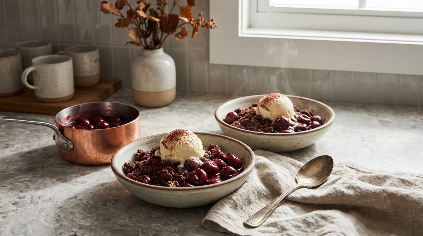 Zwei Schalen warmen Kirsch-Crumbles, jeweils mit einer Kugel Vanilleeis, dazu ein Topf mit heißen Kirschen und ein Löffel auf einem Leinentuch.