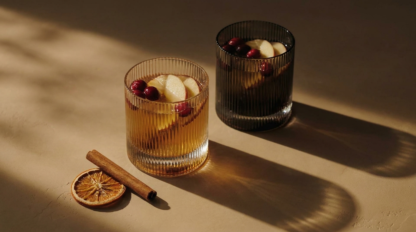 Zwei gerippte Old-Fashioned-Gläser mit bernsteinfarbenem Drink, garniert mit Apfelscheiben und Cranberries; daneben eine Zimtstange und eine getrocknete Orangenscheibe.