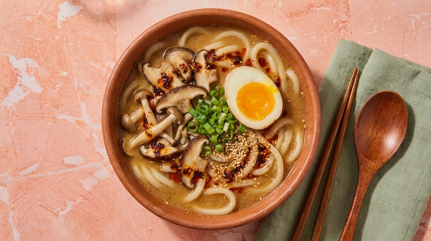 Schüssel japanische Udon-Nudelsuppe mit dicken Nudeln, gemischten Pilzen, halbiertem weich gekochtem Ei mit flüssigem Eigelb, Frühlingszwiebeln, Sesamsamen und Chili-Öl.