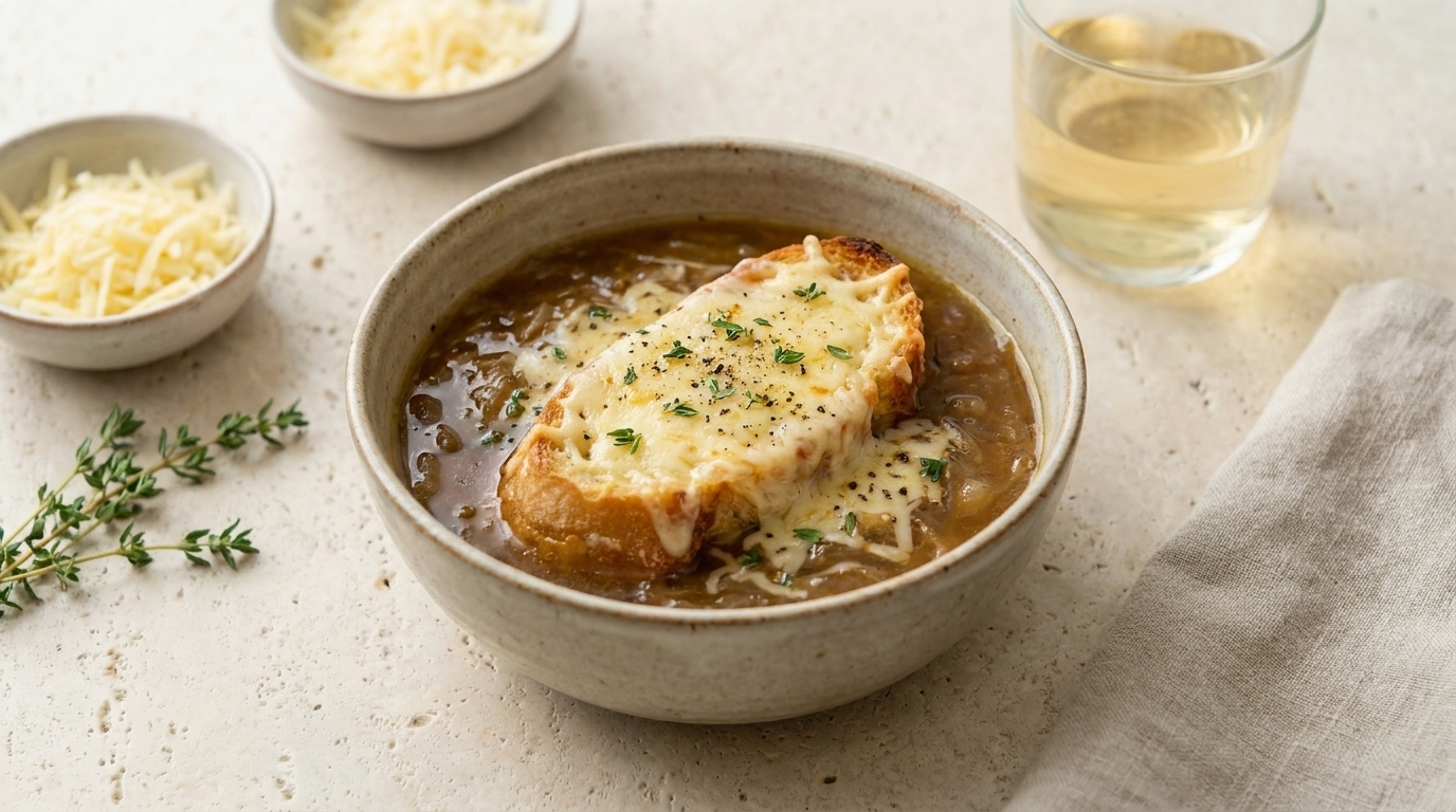 Schüssel französischer Zwiebelsuppe mit karamellisierten Zwiebeln, darauf eine geröstete Brotscheibe, mit geschmolzenem Käse überbacken und mit frisch gehackten Kräutern bestreut.
