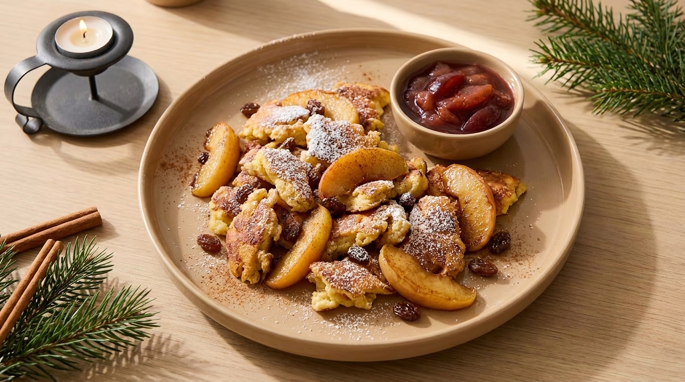 Teller mit Kaiserschmarrn (zerrissener Pfannkuchen) garniert mit gebratenen Apfelscheiben, Rosinen und Puderzucker; kleine Schale Apfelkompott daneben.