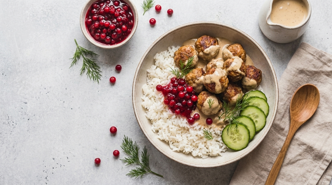 Schüssel mit weißem Reis, gebräunten Fleischbällchen, frischen Preiselbeeren, Gurkenscheiben und Dill, daneben helle Sauce und Holzlöffel.