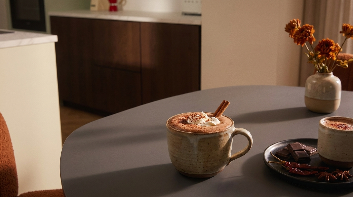 Keramikbecher mit heißer Schokolade, Sahne und Zimtstange auf einem Tisch; daneben Teller mit Schokoladenstücken und eine weitere Tasse, Vase mit Trockenblumen im Hintergrund.