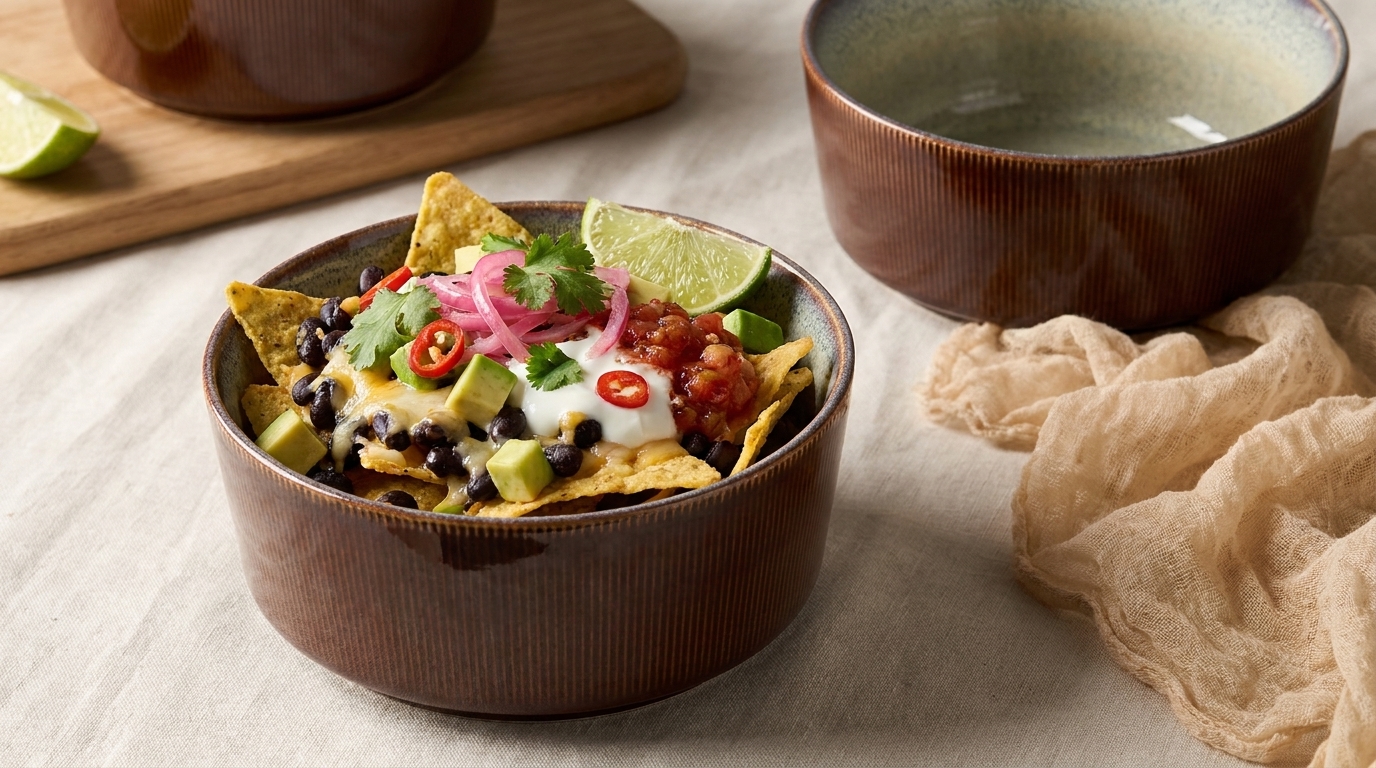 Braune Schale mit Nachos: Tortilla‑Chips belegt mit schwarzen Bohnen, Mais, Avocadowürfeln, Sauerrahm, Salsa, eingelegten roten Zwiebeln, Koriander, roten Chiliringeln und einer Limettenspalte.