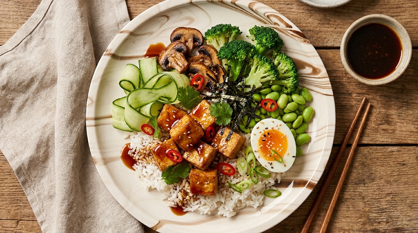 Schale mit Reis, glasierter gebratener Tofu, Gurkenscheiben, Brokkoli, Edamame, sautierte Champignons, halbiertes weichgekochtes Ei, Frühlingszwiebeln, Sesamsamen und dunkler Sojasauce; Essstäbchen liegen daneben.